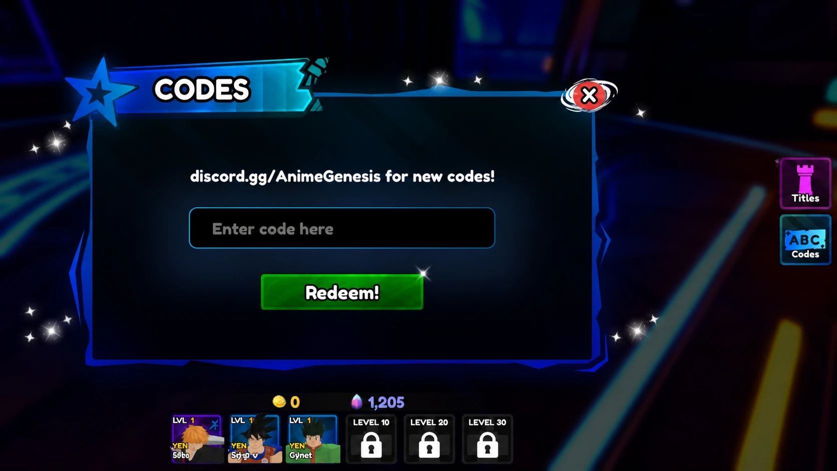 Anime Genesis codes: The codes box in game with Pocket Tactics in the slot and PT logo in the top right corner