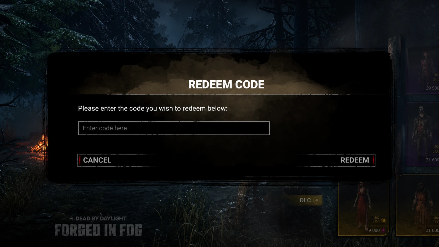 DBD codes: Redeem code box in Dead by Daylight