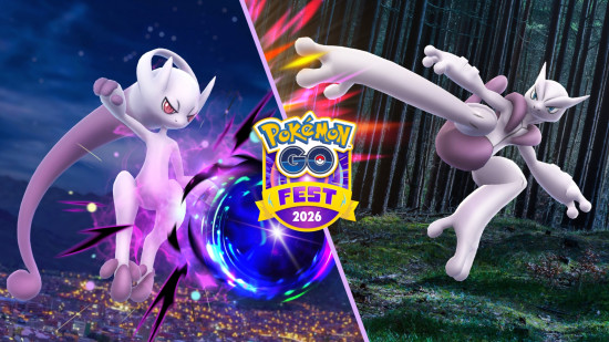 Pokemon Mewtwo: Pokemon Go key art showing both Mewtwo X and Mewtwo Y fighting