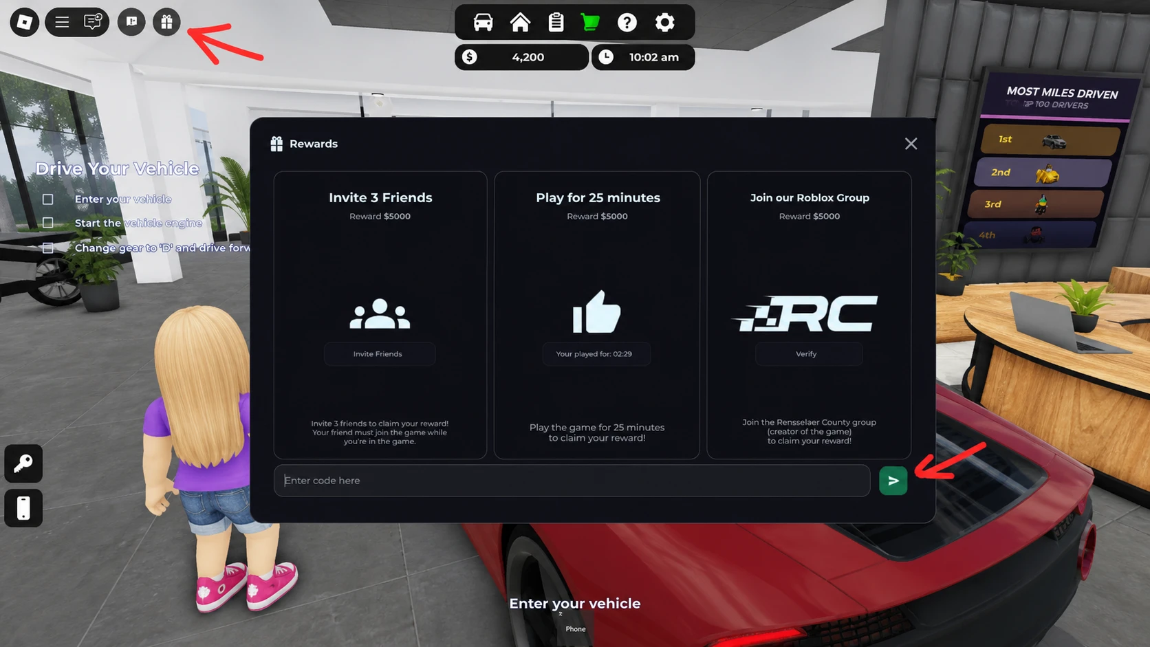 Rensselaer County code redemption screen showing the gift icon and code entry field