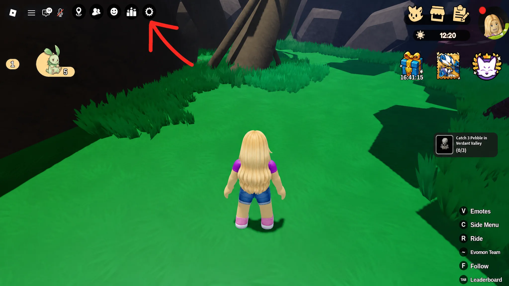 Roblox Evomon codes system. Arrow pointing to the Settings button