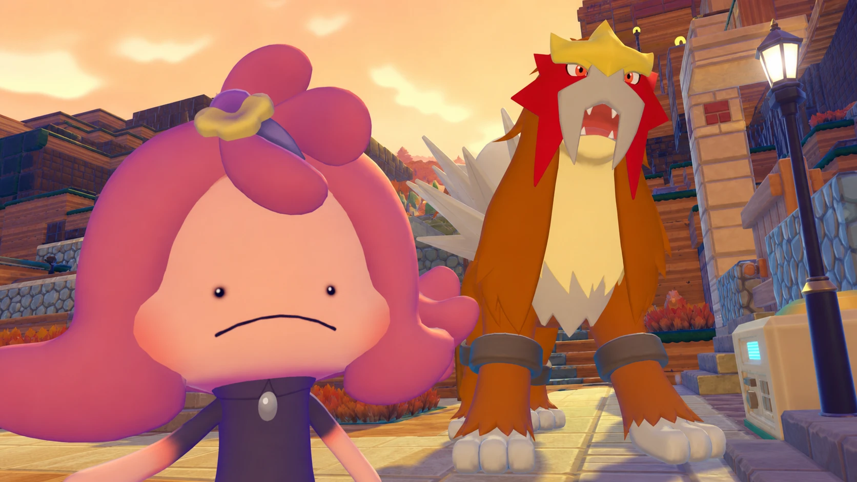 Pokopia legendary Pokemon: Ditto human posing with Entei in the sunset with a PT logo in the top right corner