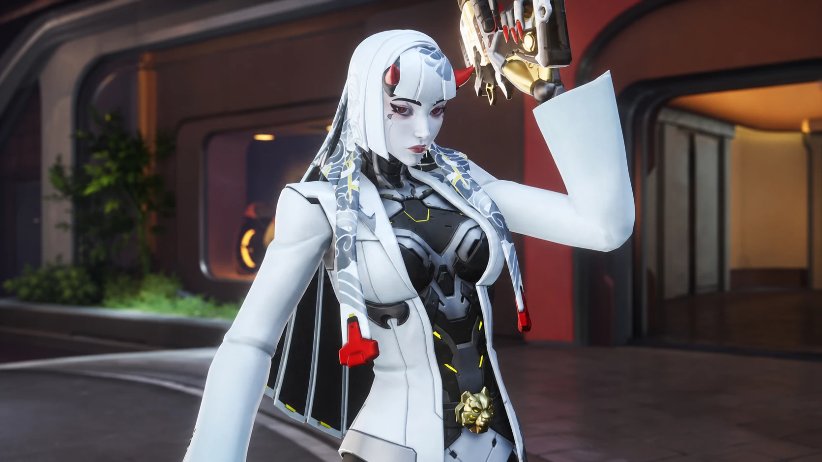 Overwatch Shion abilities: the white-haired Shion wearing a white suit