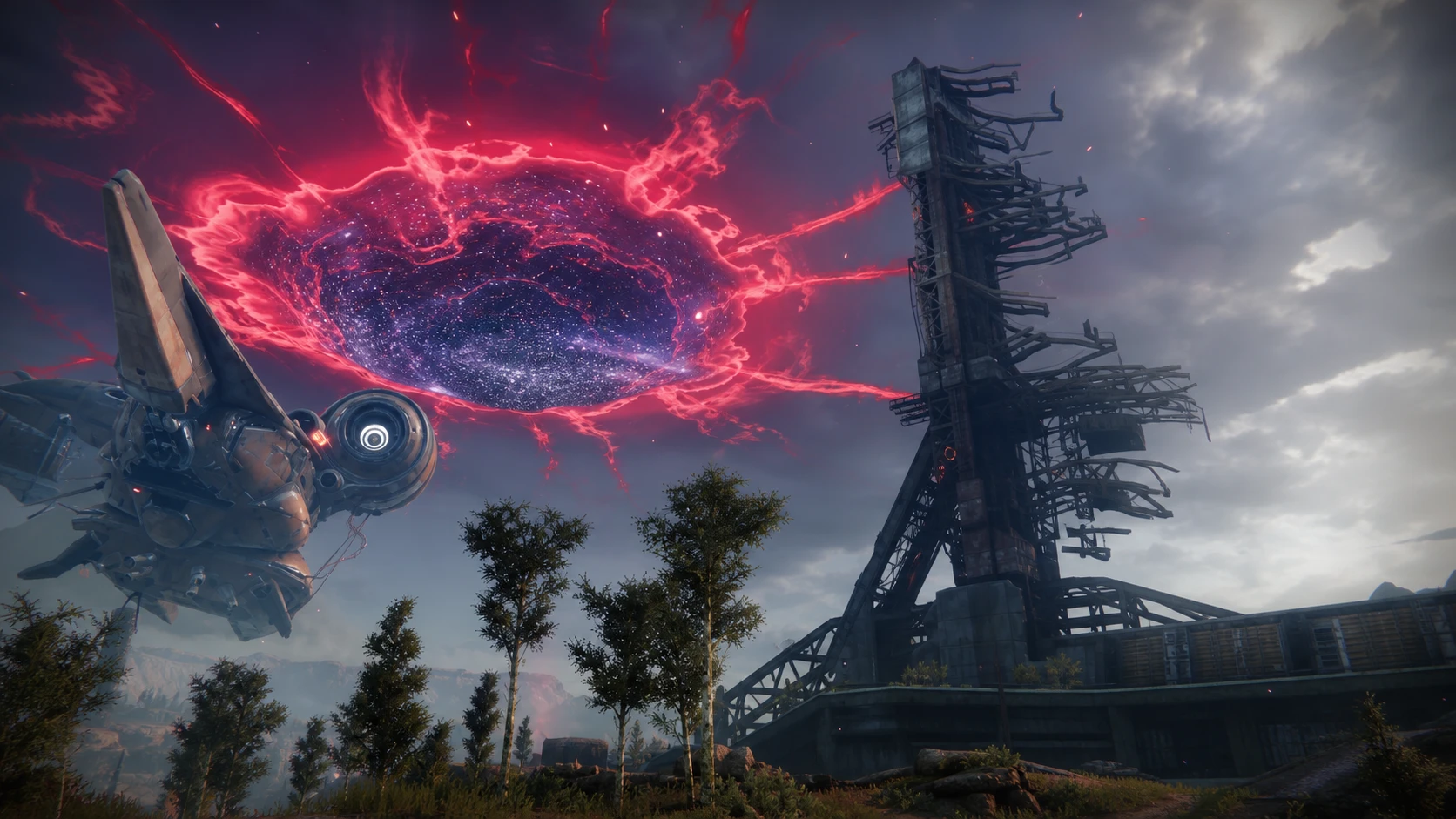 The Cosmodrome in Destiny 2, with a reddish hole cut open in the sky to signify a distortion