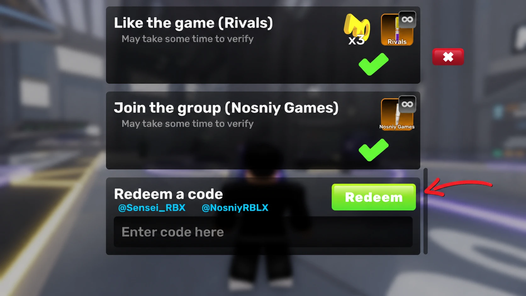 The menu to redeem Rivals codes