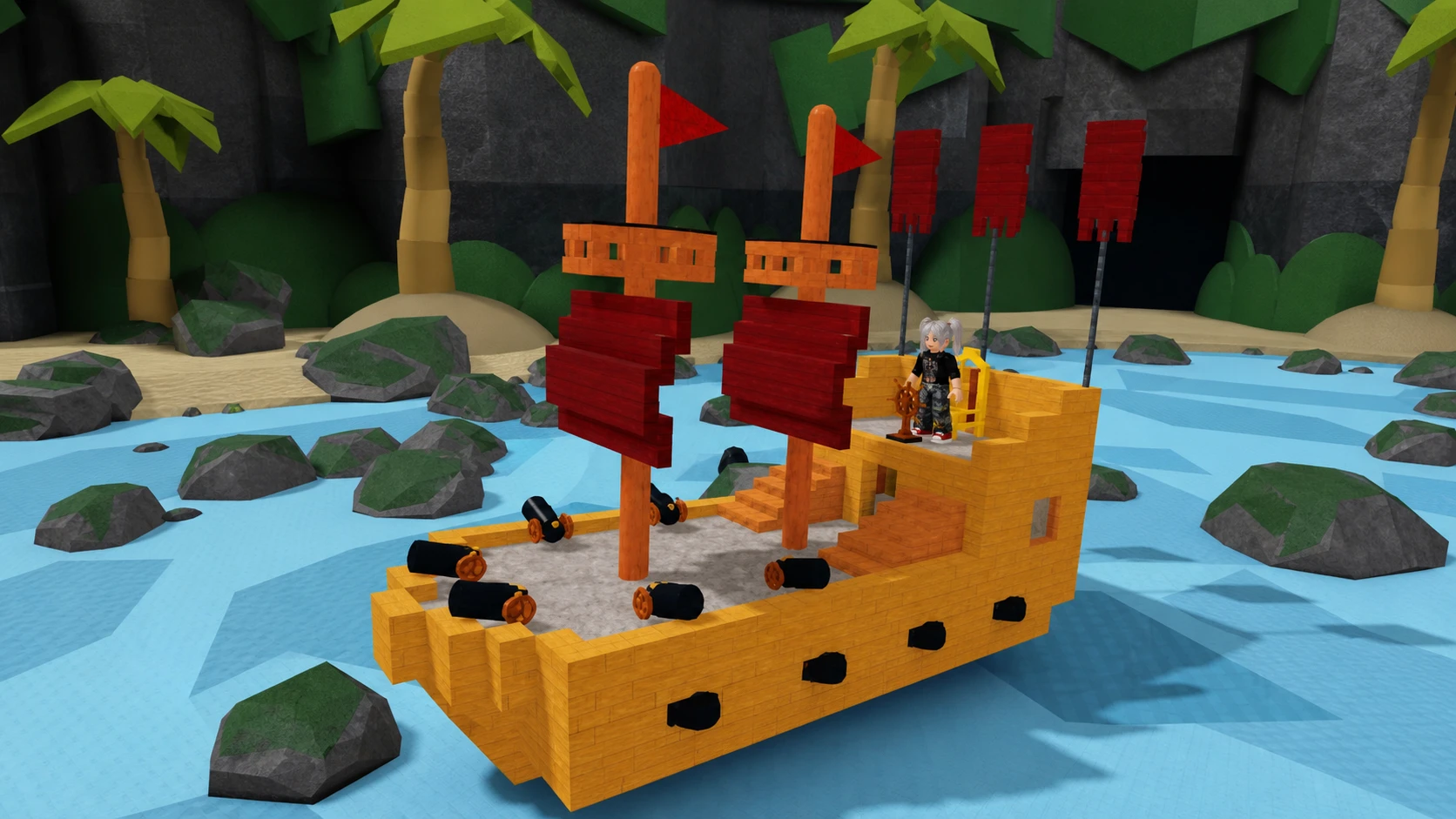 Build a Boat for Treasure codes - a blocky pirate ship on flat water by cartoon trees and a beach