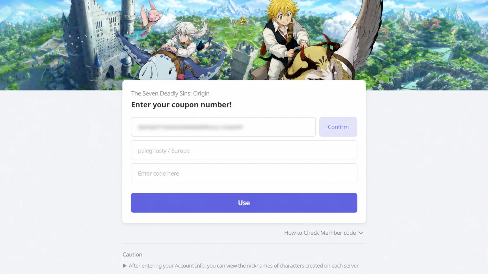 The Seven Deadly Sins Origin codes: A screenshot of the codes redemption wesbite with POCKETTACTICS in the box, a blurred PID, and a PT logo in the top right corner