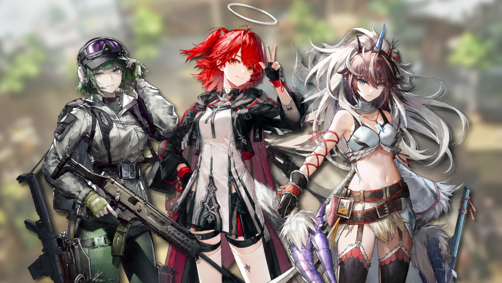 Arknights tier list: Exusiai alt, Ela, and Kirin R Yato pasted on a blurred background