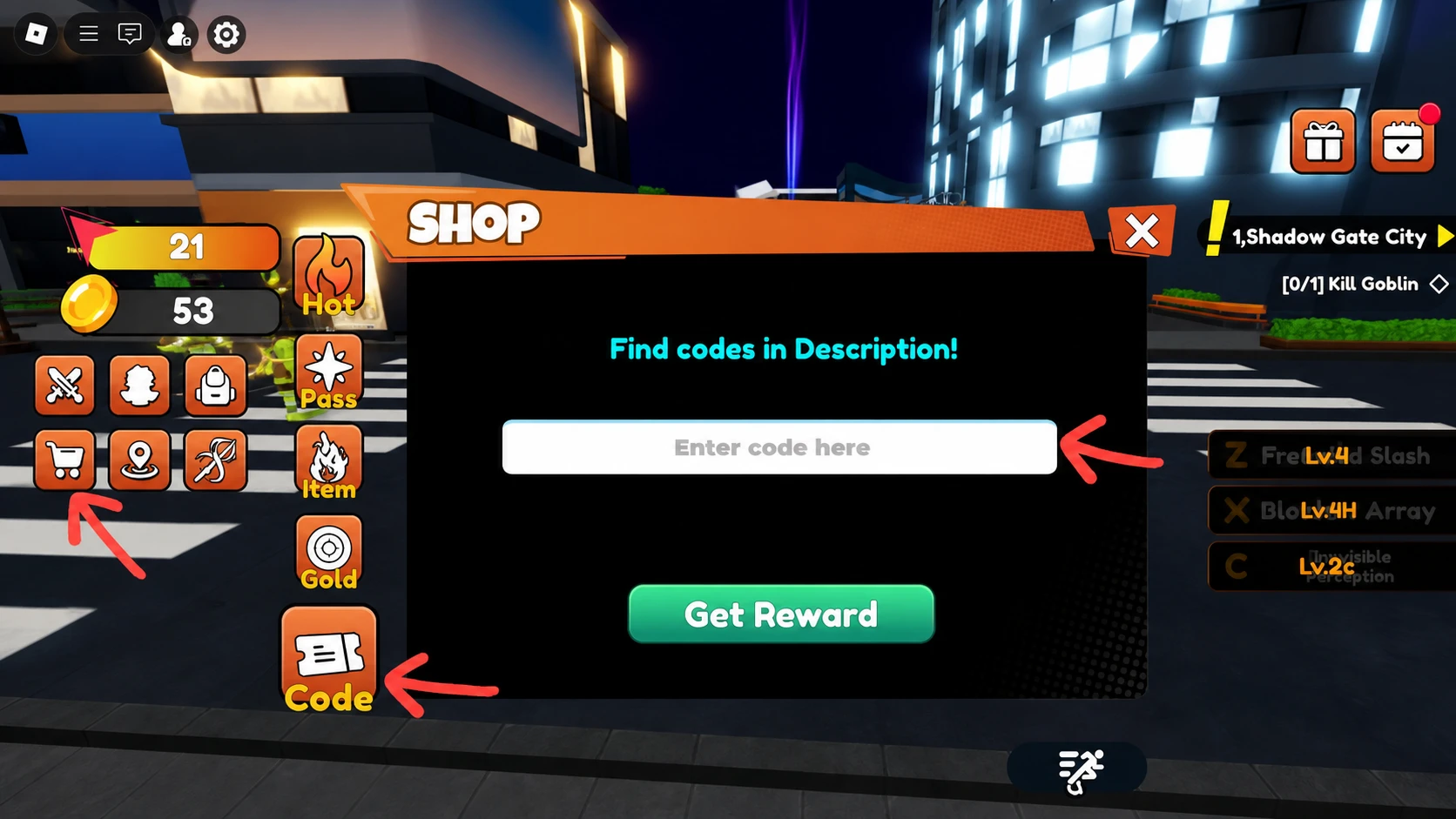 Arise Shadow Hunt code redemption screen in Roblox