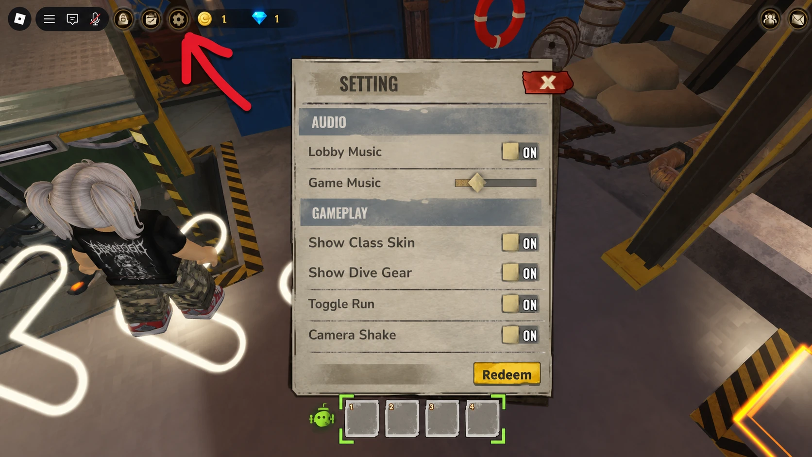 Roblox Loot the Deep code system and an arrow pointing to the settings button