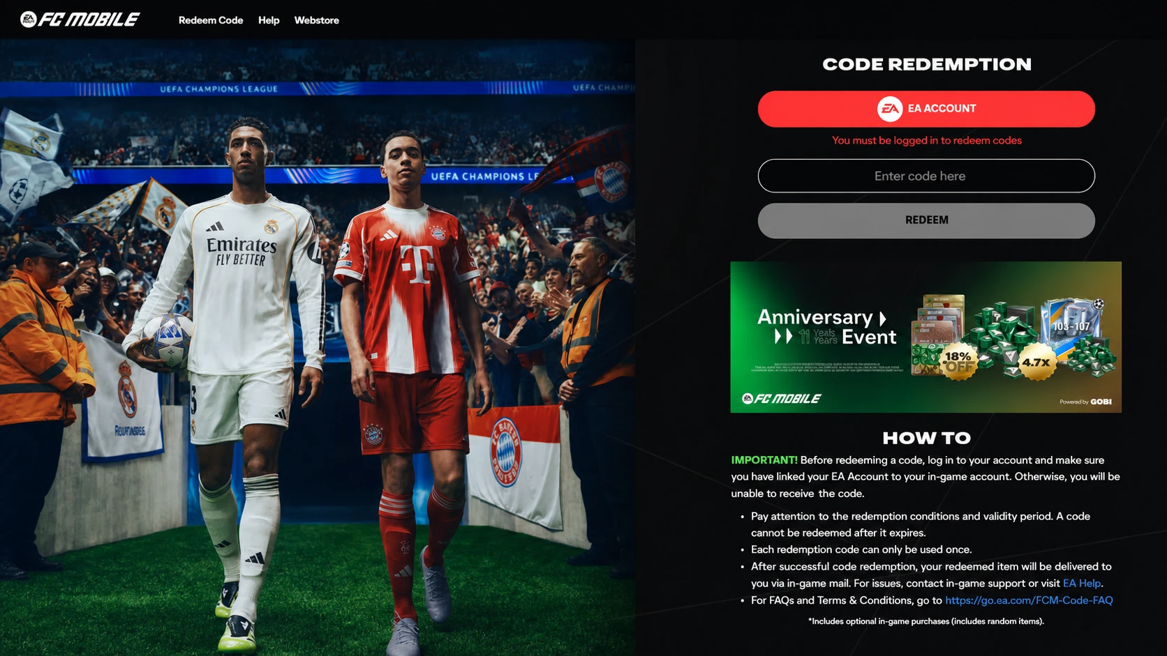 How to redeem FC Mobile codes on the official game's website