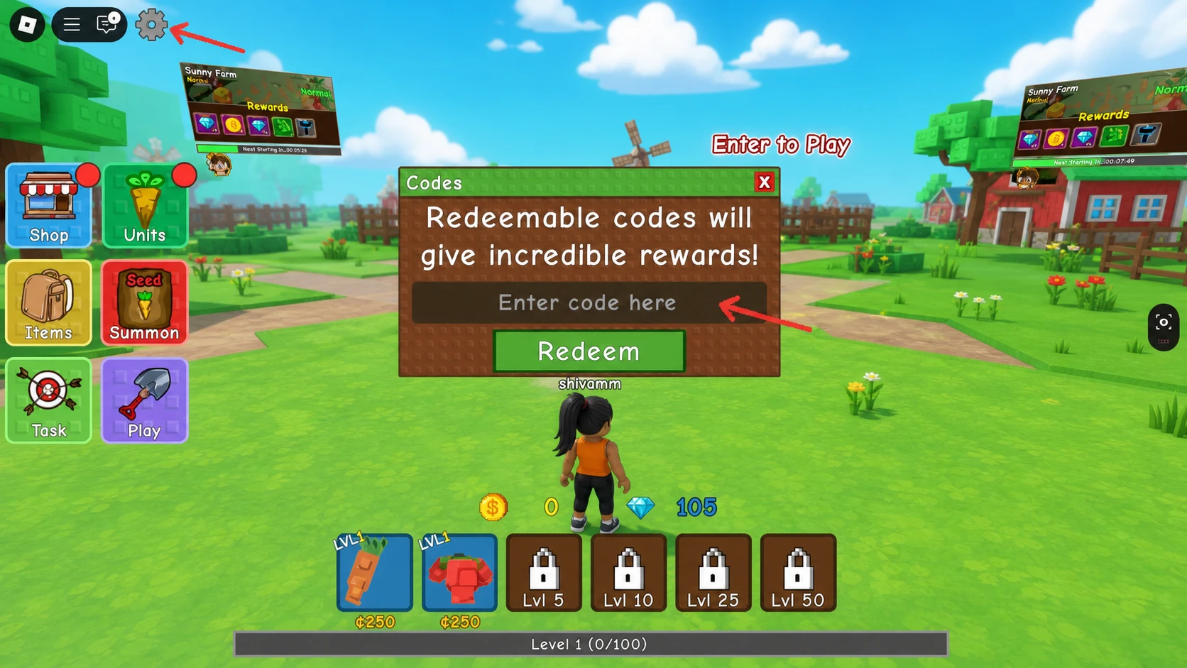 Code entry panel inside the Garden Tower Defense shop menu
