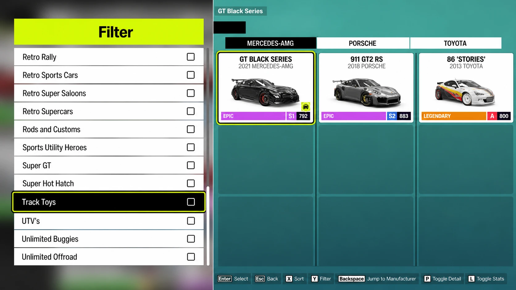 Filtering the garage by Track Toy class in Forza Horizon 6