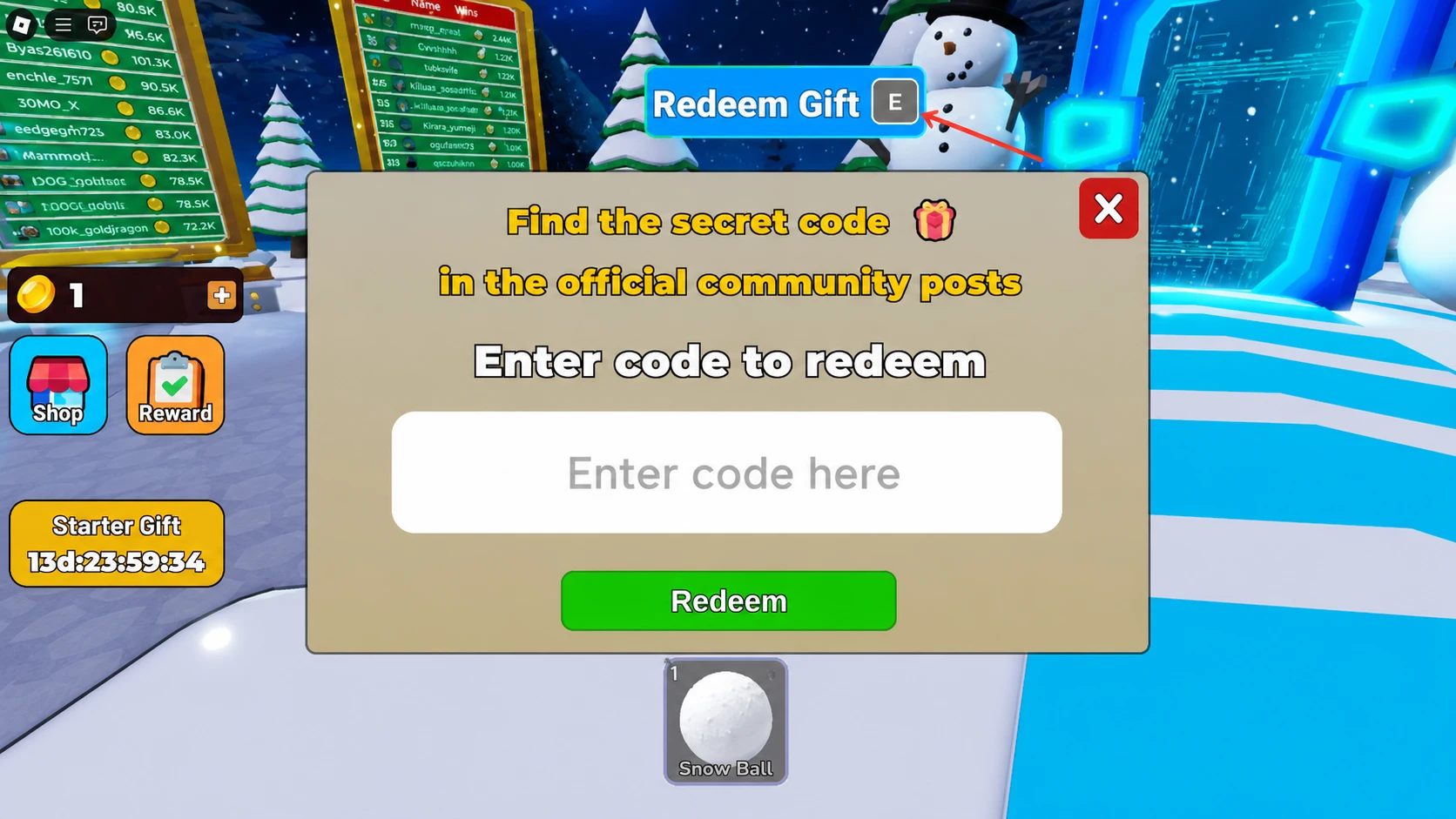 Snowball Battles code redemption screen in Roblox