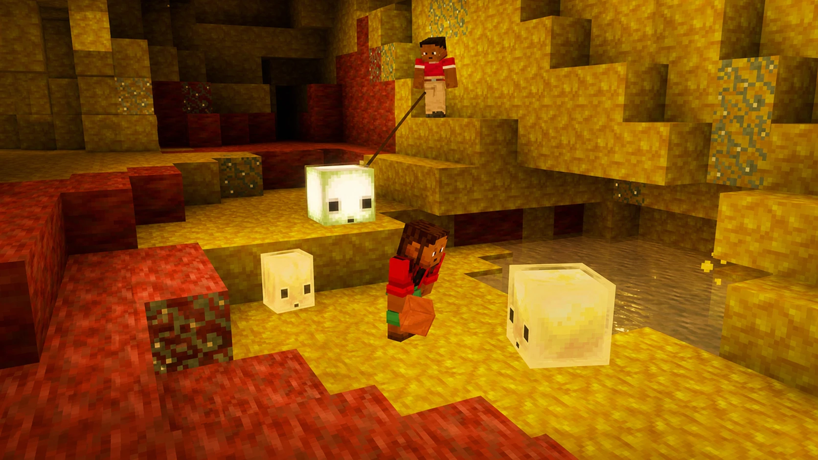 Minecraft Chaos Cubed - Two players inspect Sulfur Cubes in the new Sulfur Caves biome