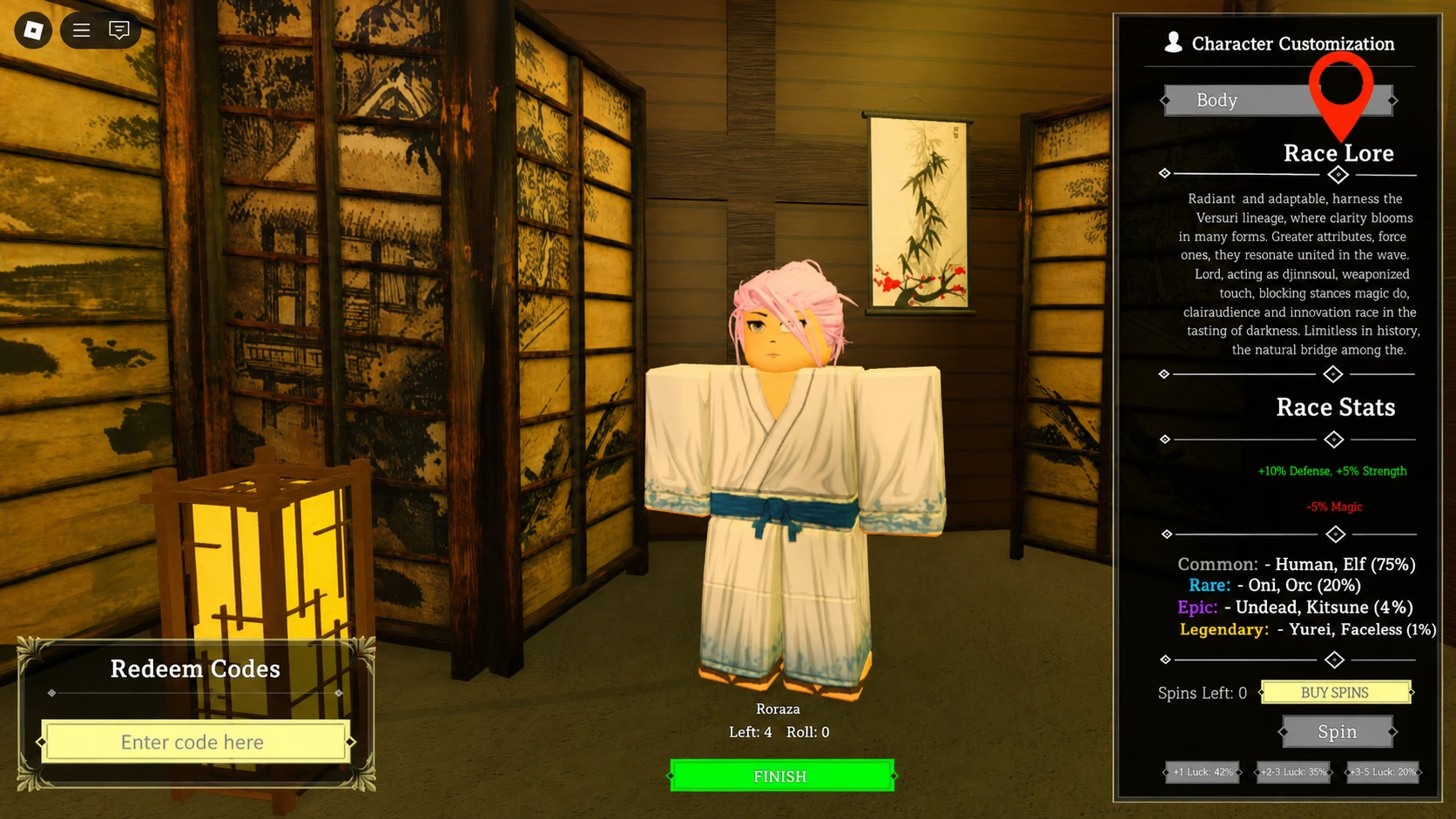 Echoes of Heian character customization screen showing the code entry box in the lower left corner