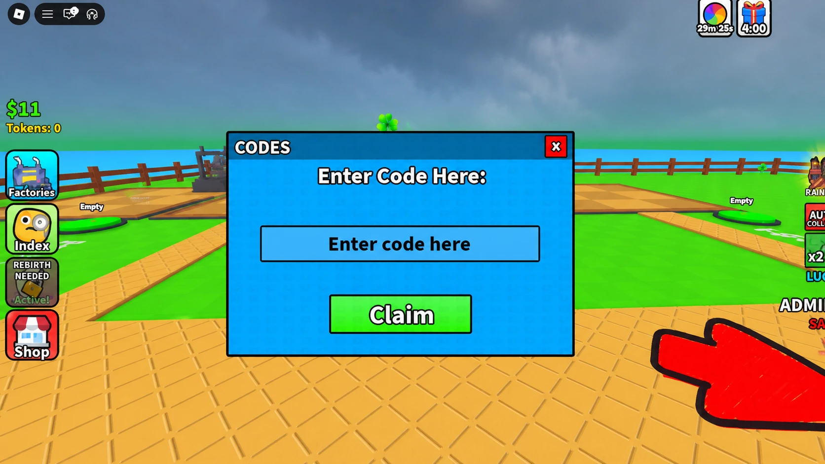 Unbox a Factory codes: A screenshot of the codes box with Pocket Tactics in the slot and a PT logo in the top right corner
