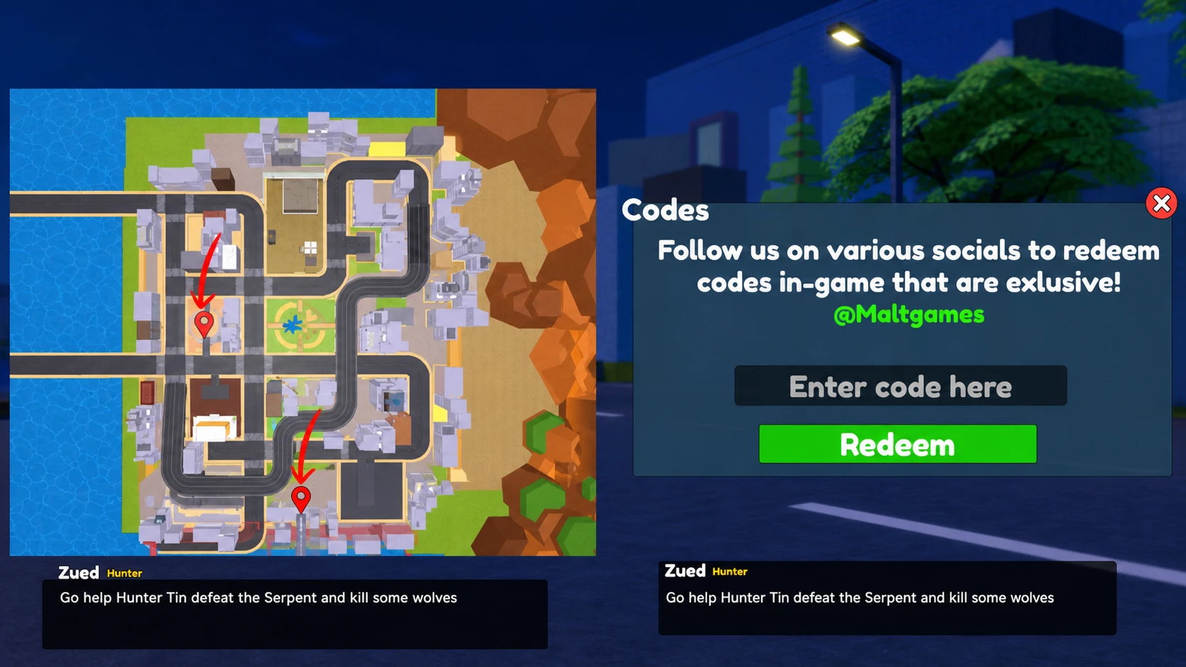 Solo Hunters codes: A screenshot showing the position on the map where you can find the codes NPC, as well as the codes box with Pocket Tactics in the box and a PT logo in the top right corner