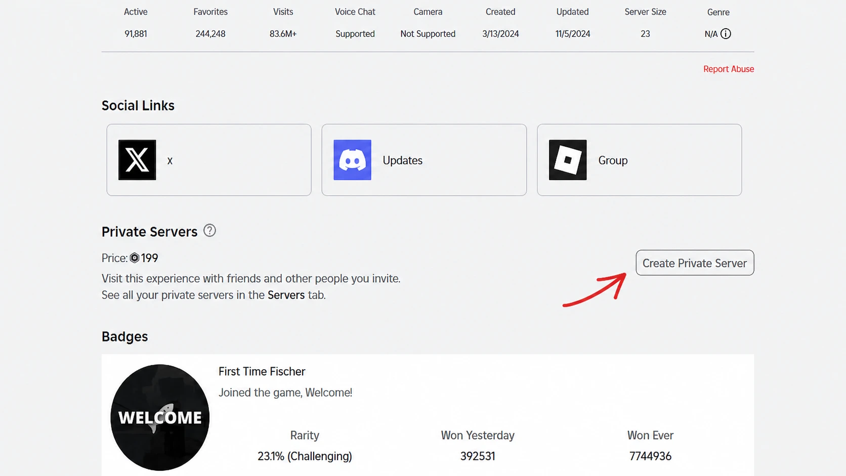 How to create a Fisch private server for 199 Robux monthly