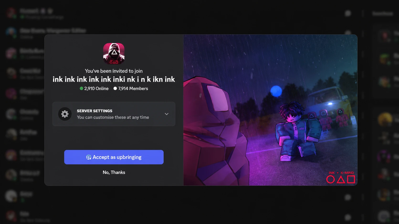 A screenshot of the official Ink Game Discord server invitation screen