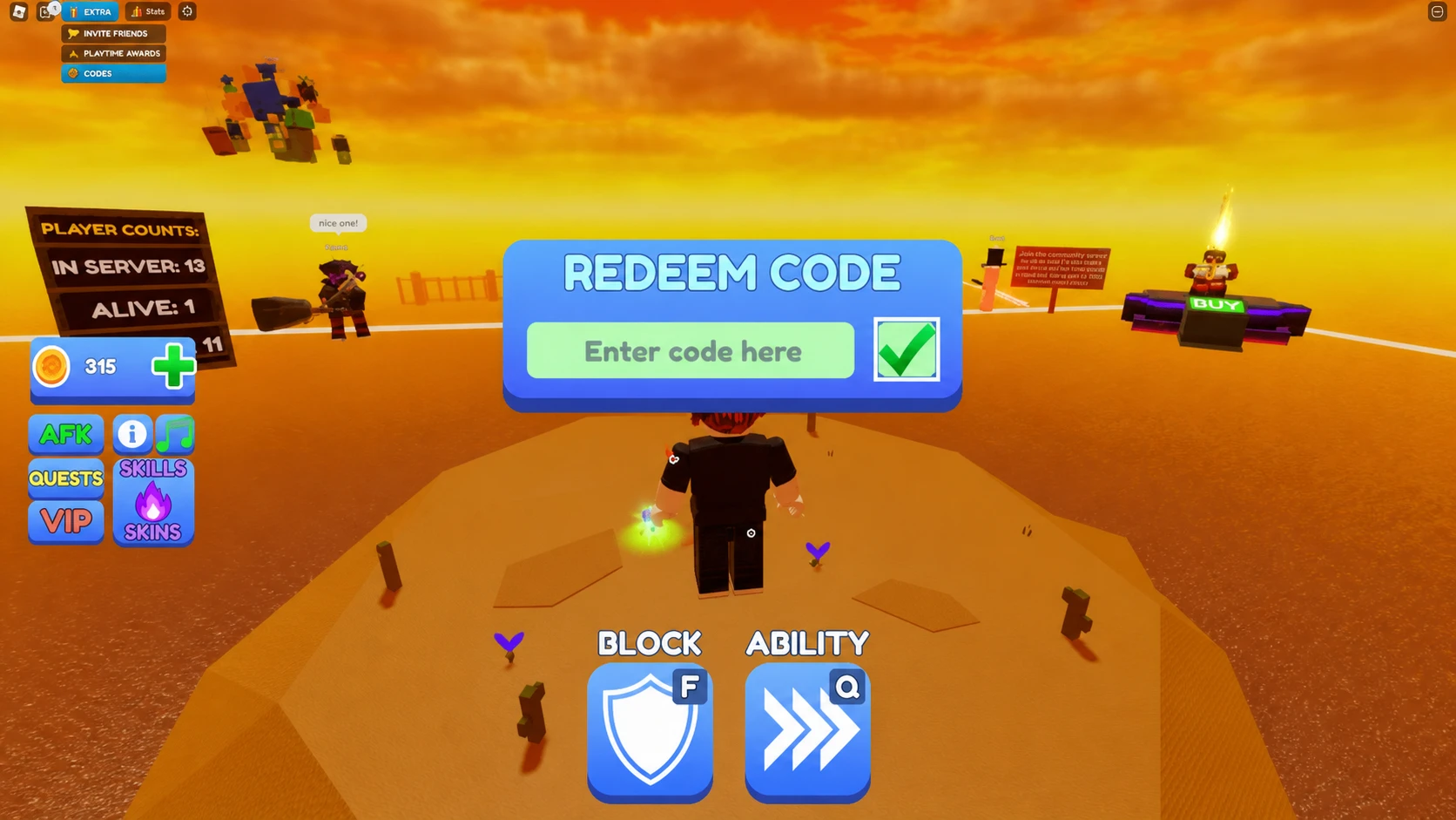 The code redemption screen for entering Blade Ball codes