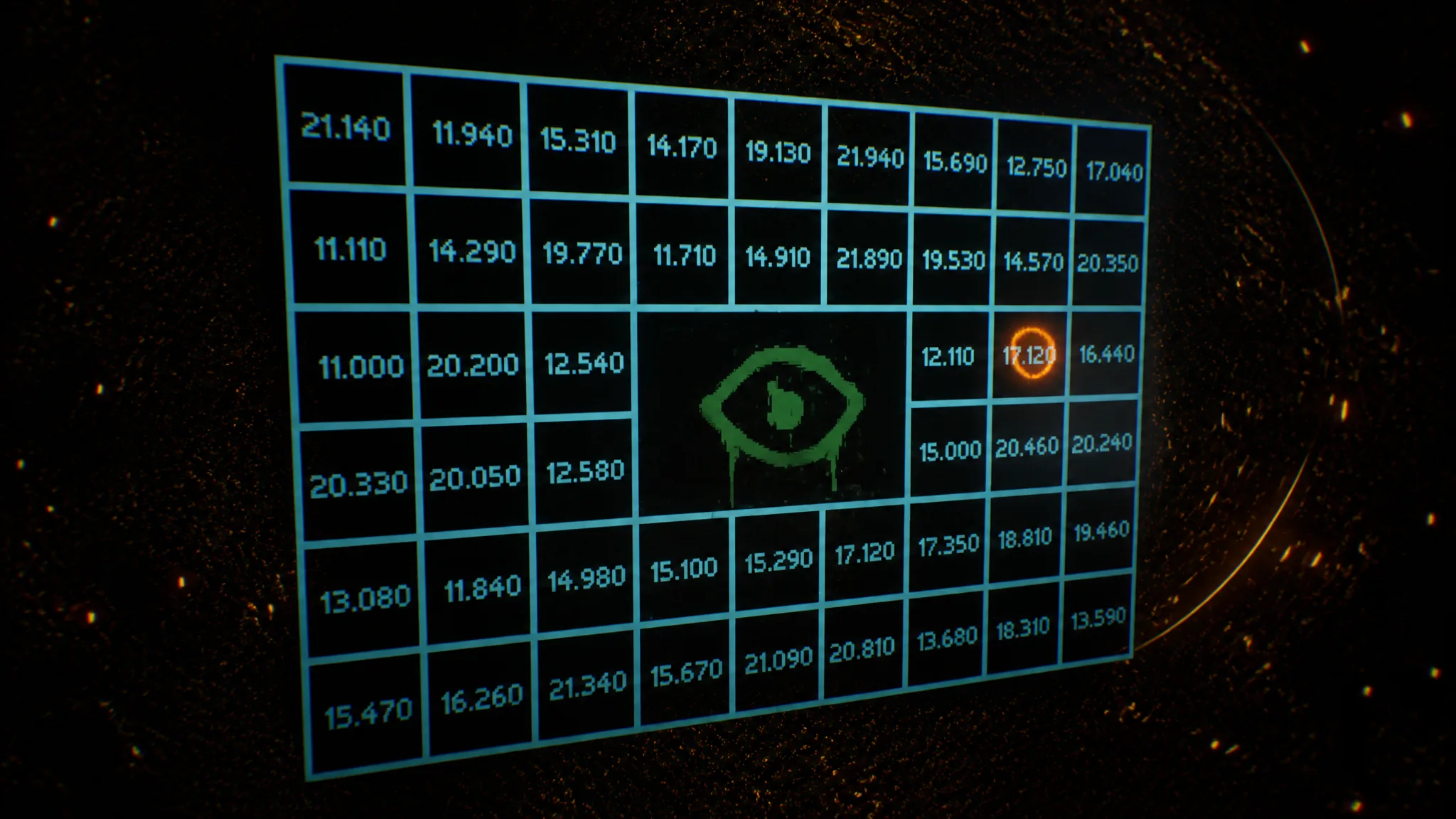 Grid with radio frequencies and White Rabbit eye at its center. Gold circles on top of 17.120 frequency
