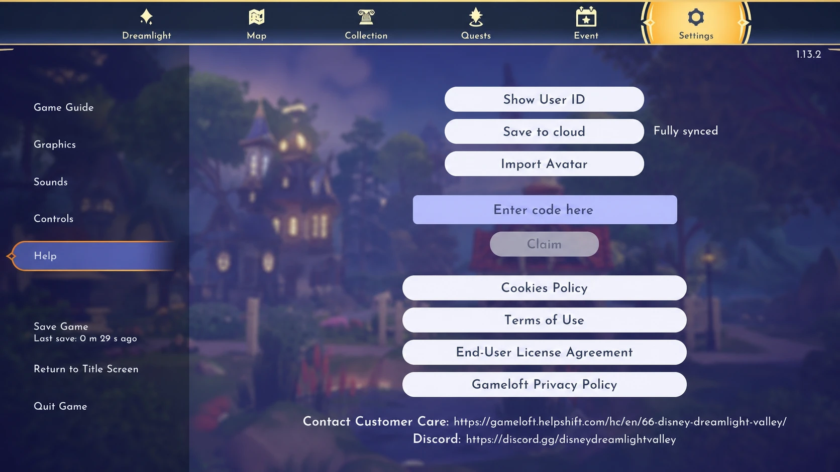 How to redeem Disney Dreamlight Valley codes screenshot of the settings help menu