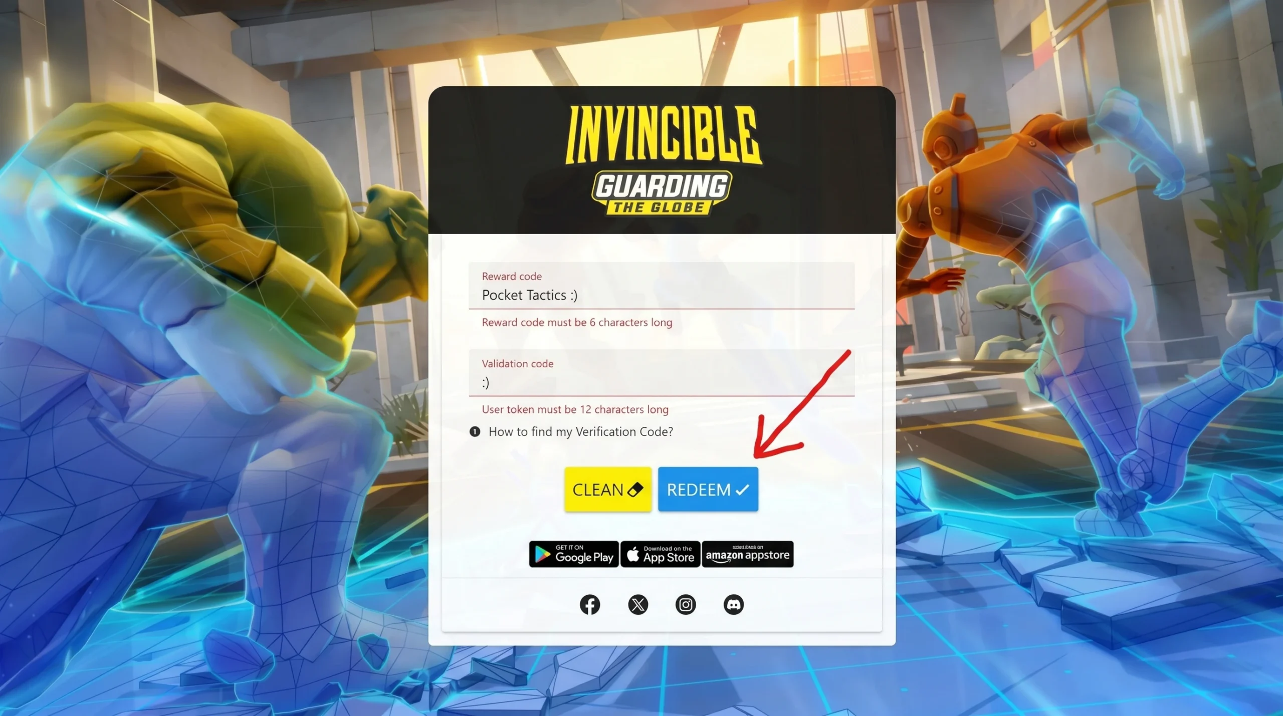 Invincible: Guarding the Globe codes redemption page on the web with Pocket Tactics filled in where the code goes