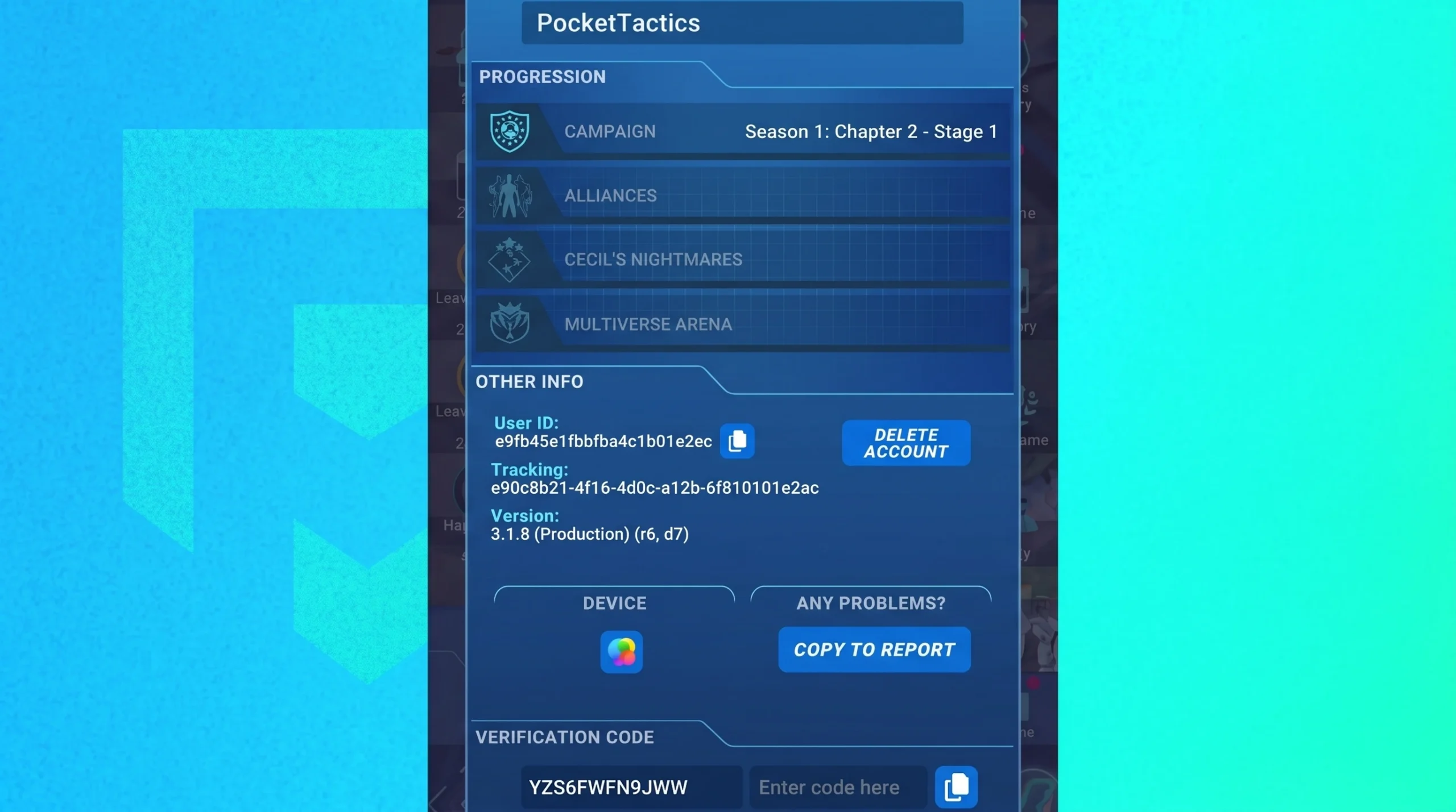 Invincible: Guarding the Globe code generation screen inside the app against a blue Pocket Tactics background