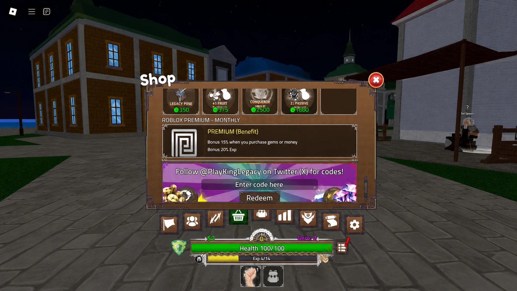 King Legacy codes page menu