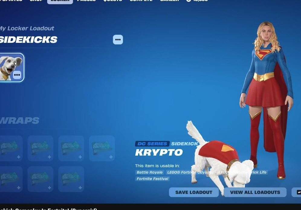 Krypto Sidekick shown in the Fortnite Locker as a DC Series cosmetic next to Supergirl