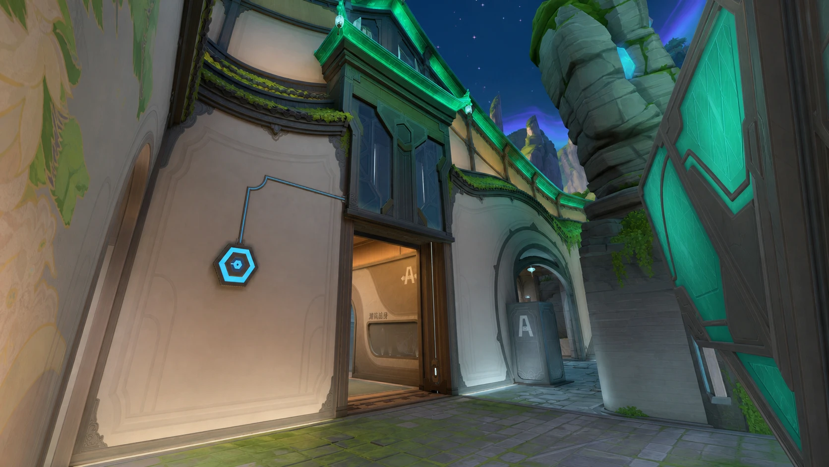 An image of a large door with a switch next to it in an Asian-inspired area