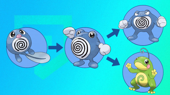 Pokemon Poliwrath: An evolution chart for Poliwrath on a blue PT background