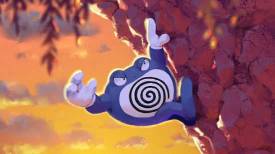 Pokemon Poliwrath: Art of Poliwrath scaling a cliff in the sunset from Pokemon TCG Pocket