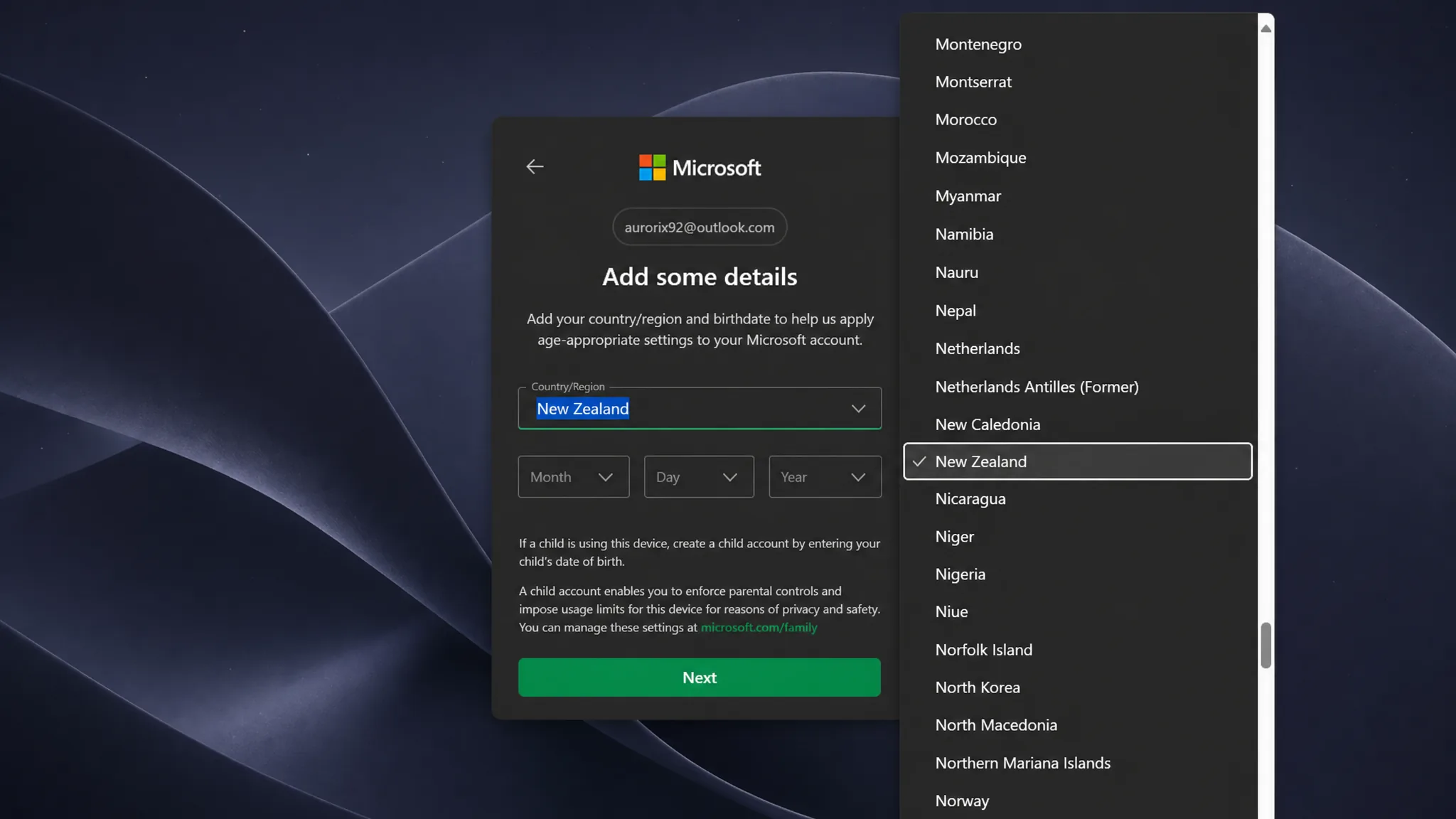 Create New Zealand Microsoft account