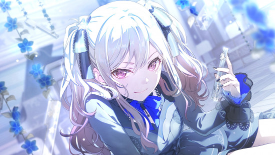 Project Sekai events: Saki in her world link outfit with a muted color palette emphasizing the blue and white