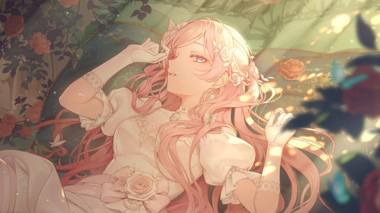 Project Sekai events: Luka laying on a forest floor in a fairy outfit