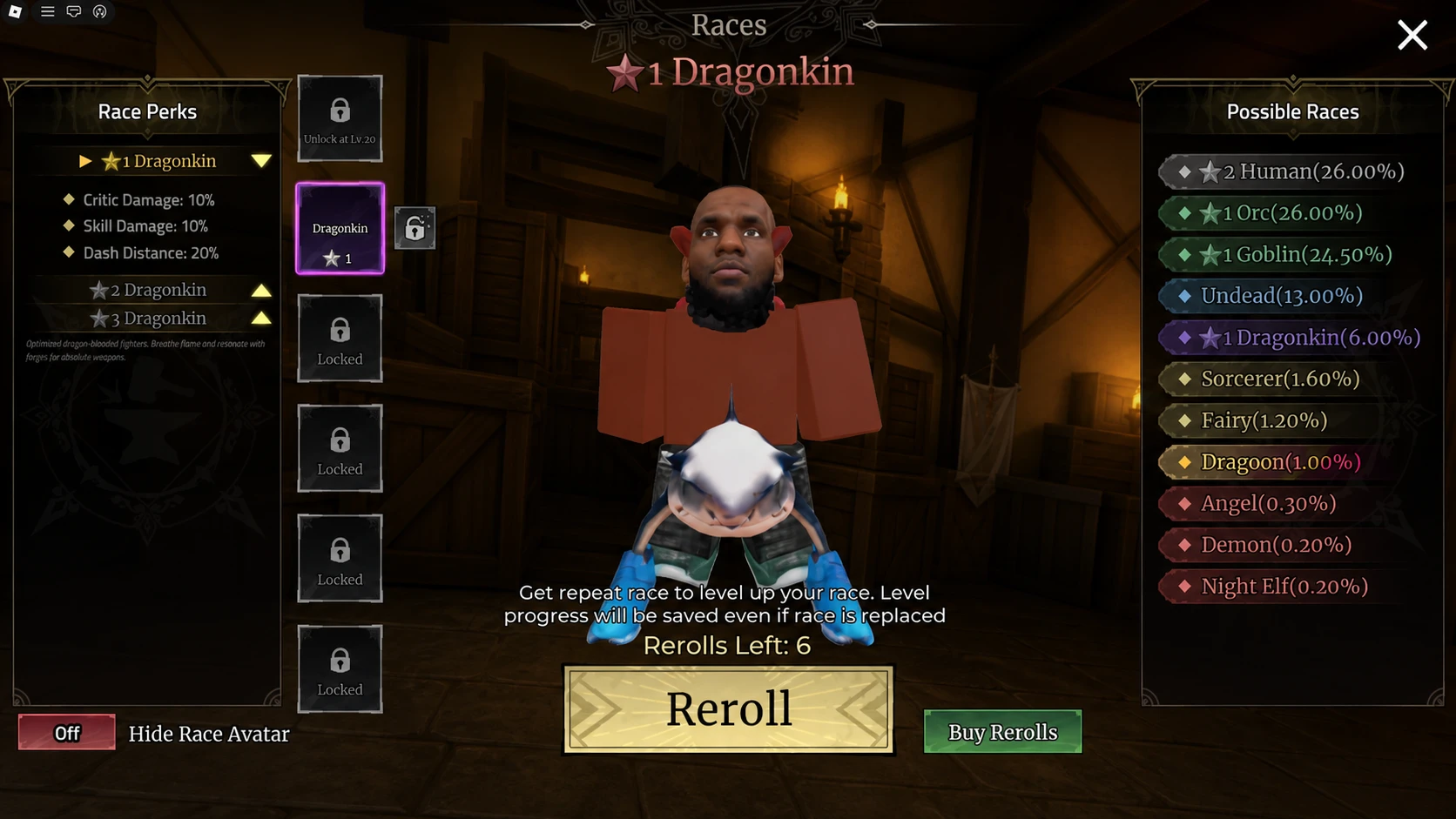 Races Menu in Iron Soul: Dungeon Roblox Experience