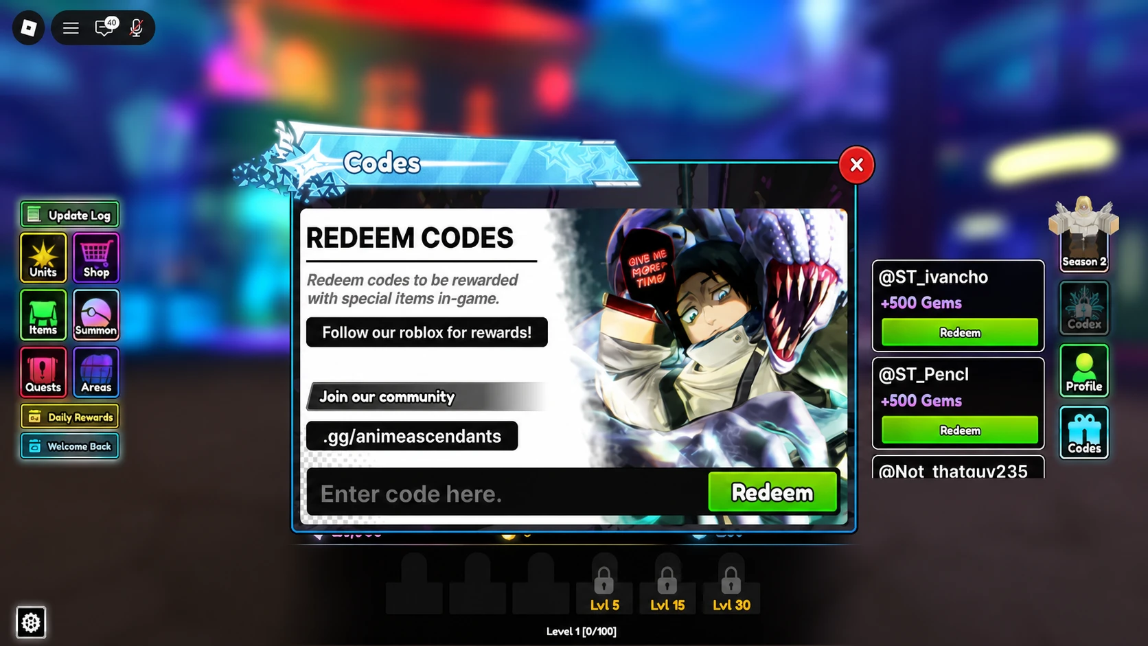 Anime Ascendants Codes