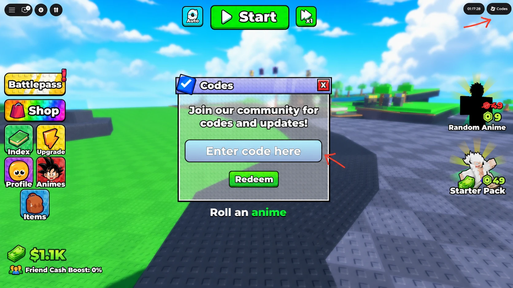 Code redemption screen in Defend ur base with anime