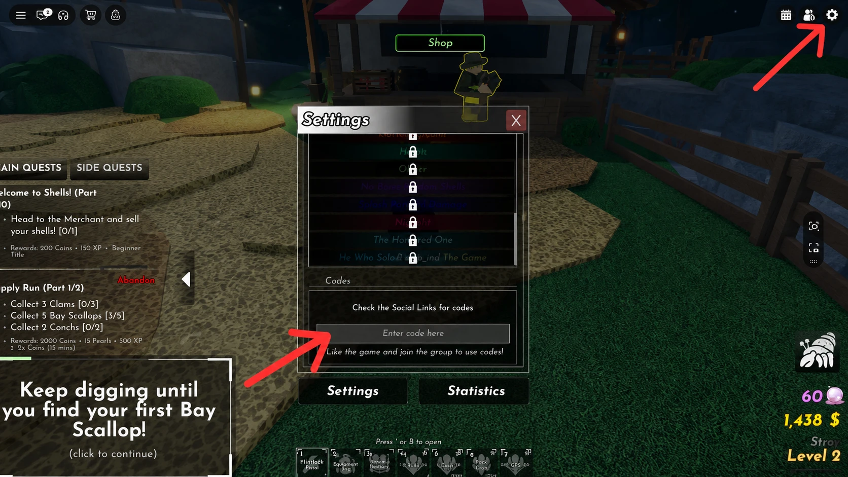 Shells code redemption field inside the in-game Settings panel