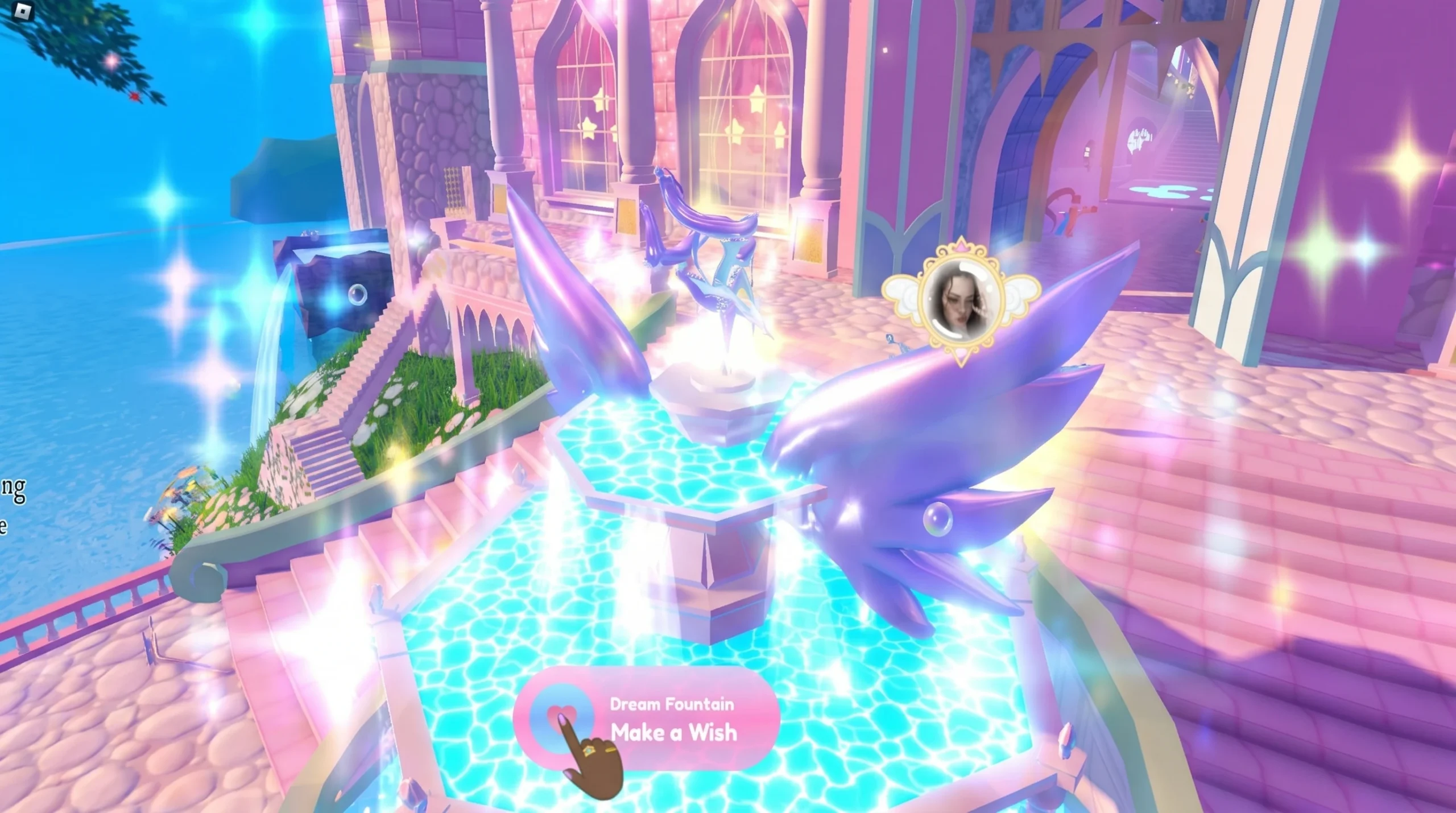 A player making a wish at the Crystal Fountain in Royale High