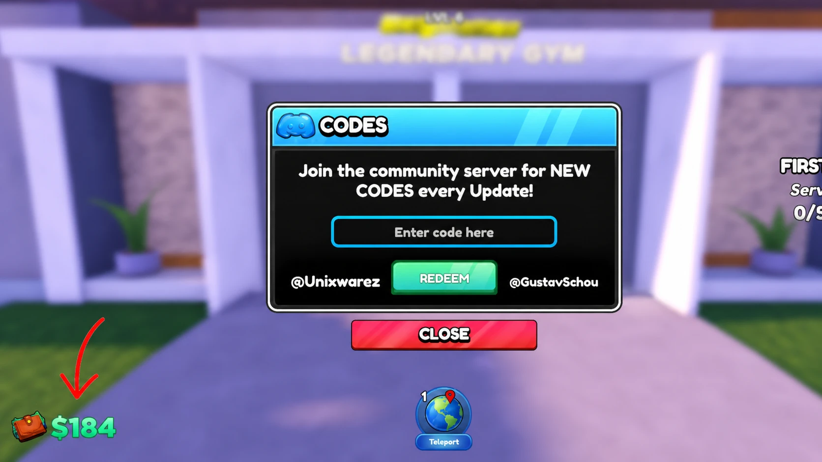 My Gym codes: A screenshot of the codes redemption box in My Gym with an arrow pointing to the wallet, Pocket Tactics in the box, and a PT logo in the top right corner