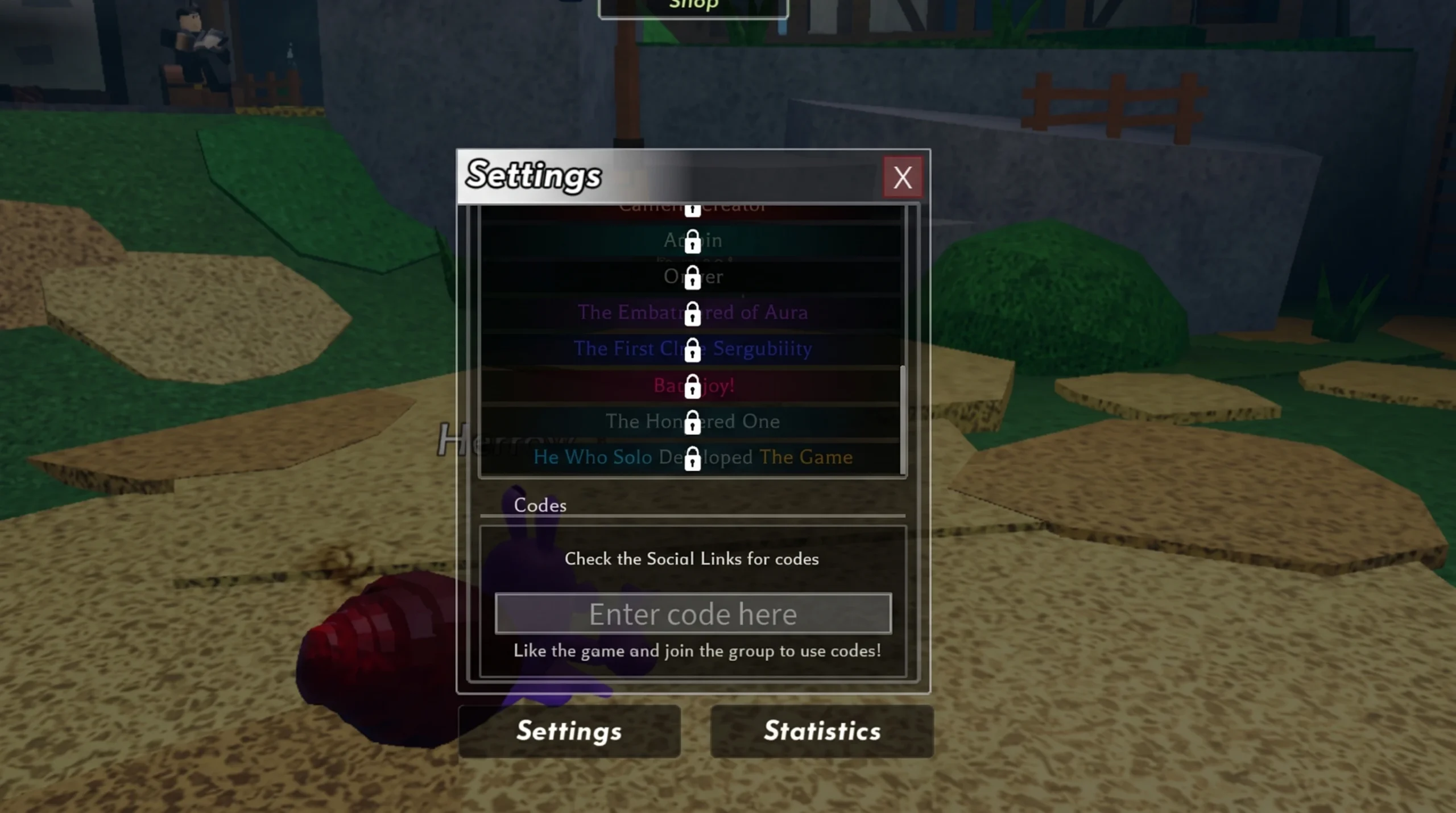 Shells in-game Settings panel showing the code entry field at the bottom of the screen