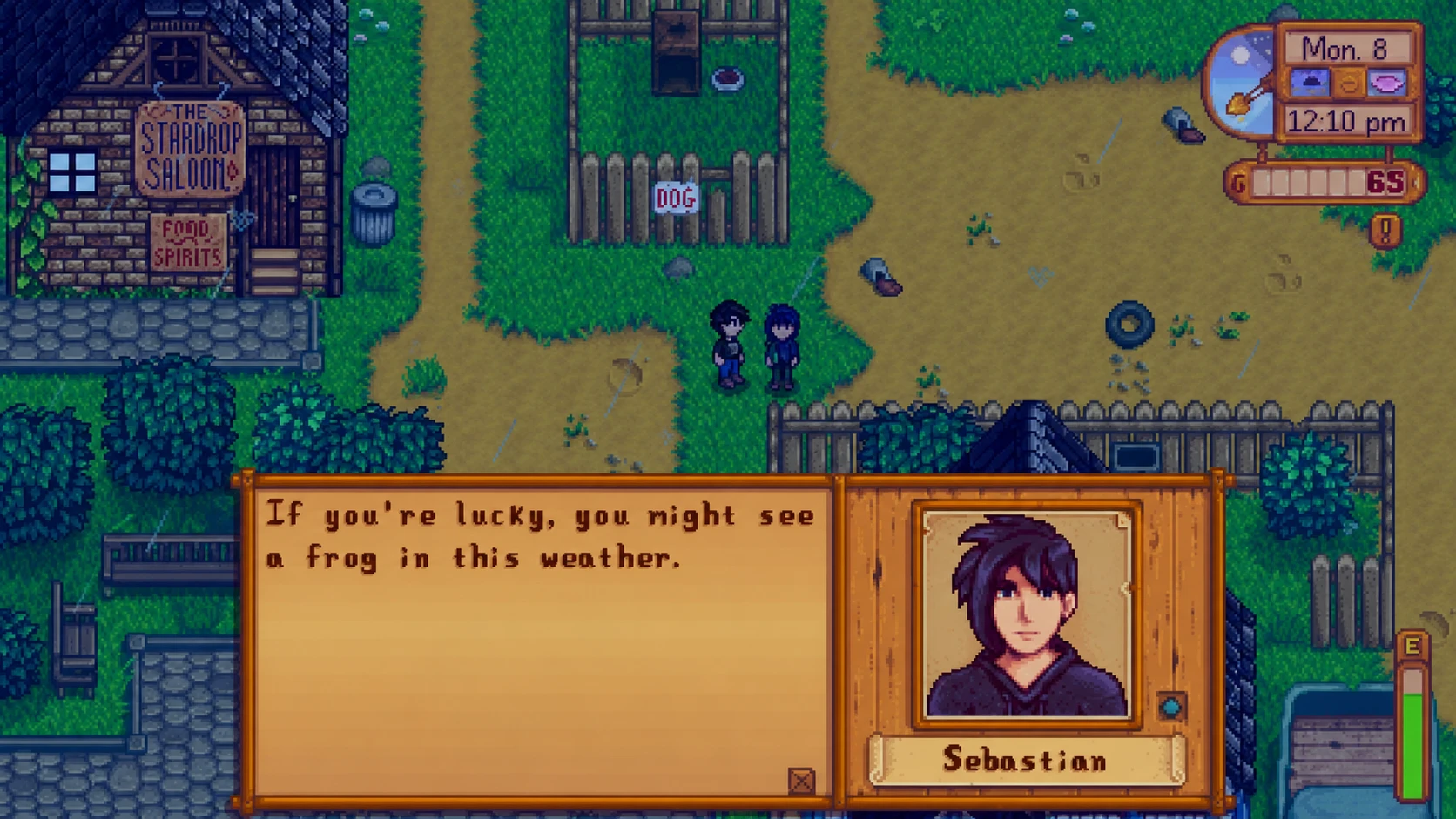 Sebastian telling the farmer how you might be able to catch frogs in the rain