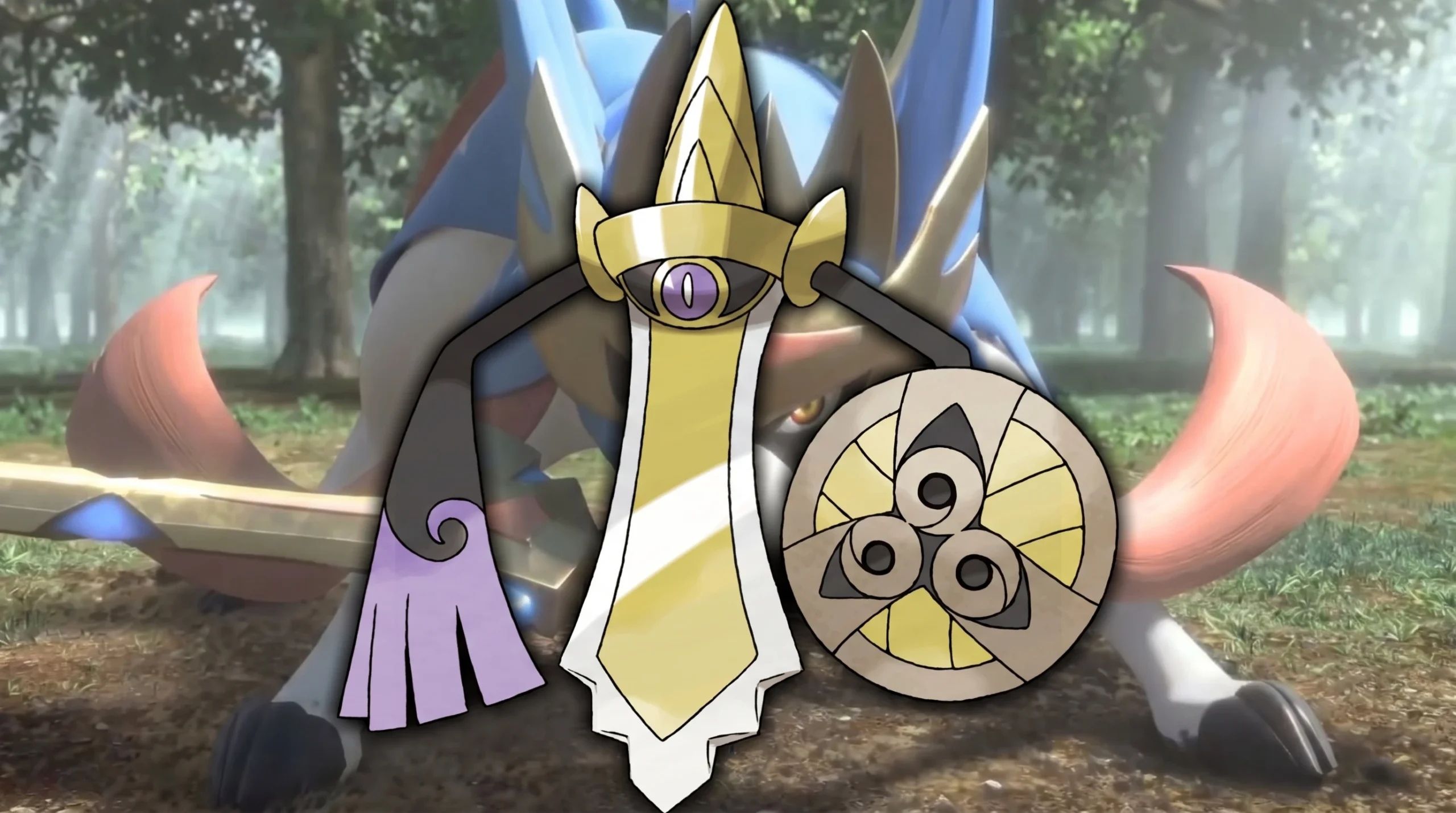 Steel Pokemon weakness Aegislash blade form in front of a pokemon with a sword