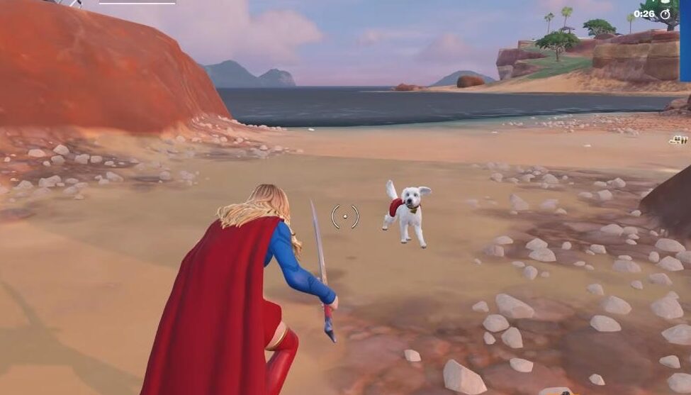 Supergirl and Krypto together during a Fortnite match, recreating the iconic DC duo