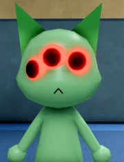 The patient has 3 glowing red eyes.