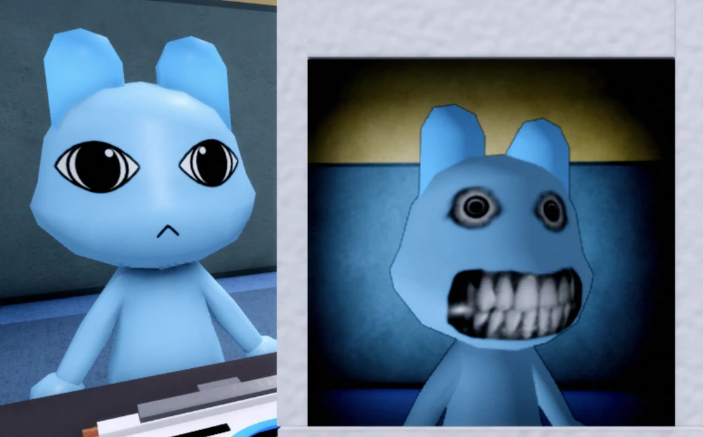 The patient has realistic teeth and big eyes on the photo.