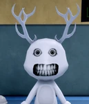 The patient has realistic teeth and big eyes.